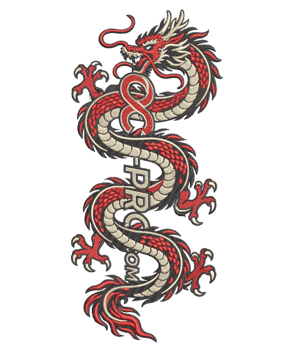 Rendu digitalisé de la broderie dragon OCT-PRO, multicolore et détaillée
